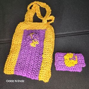 Crochet Plastic Tote Bag‎ & Coin Purse Set With Flower Design